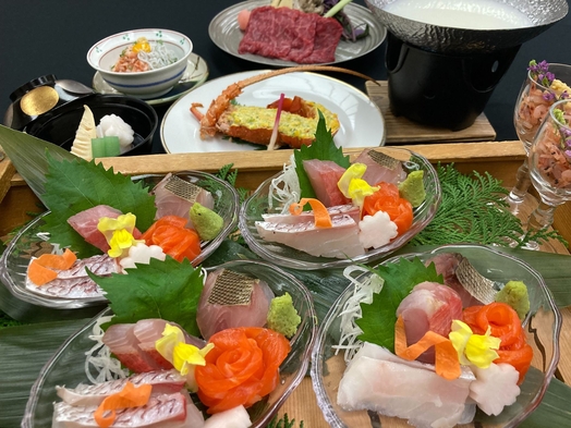 【夕食・朝食付】伊勢海老菜種焼きと近江大倉和牛豆乳しゃぶしゃぶ、 地魚舟盛り特撰会席